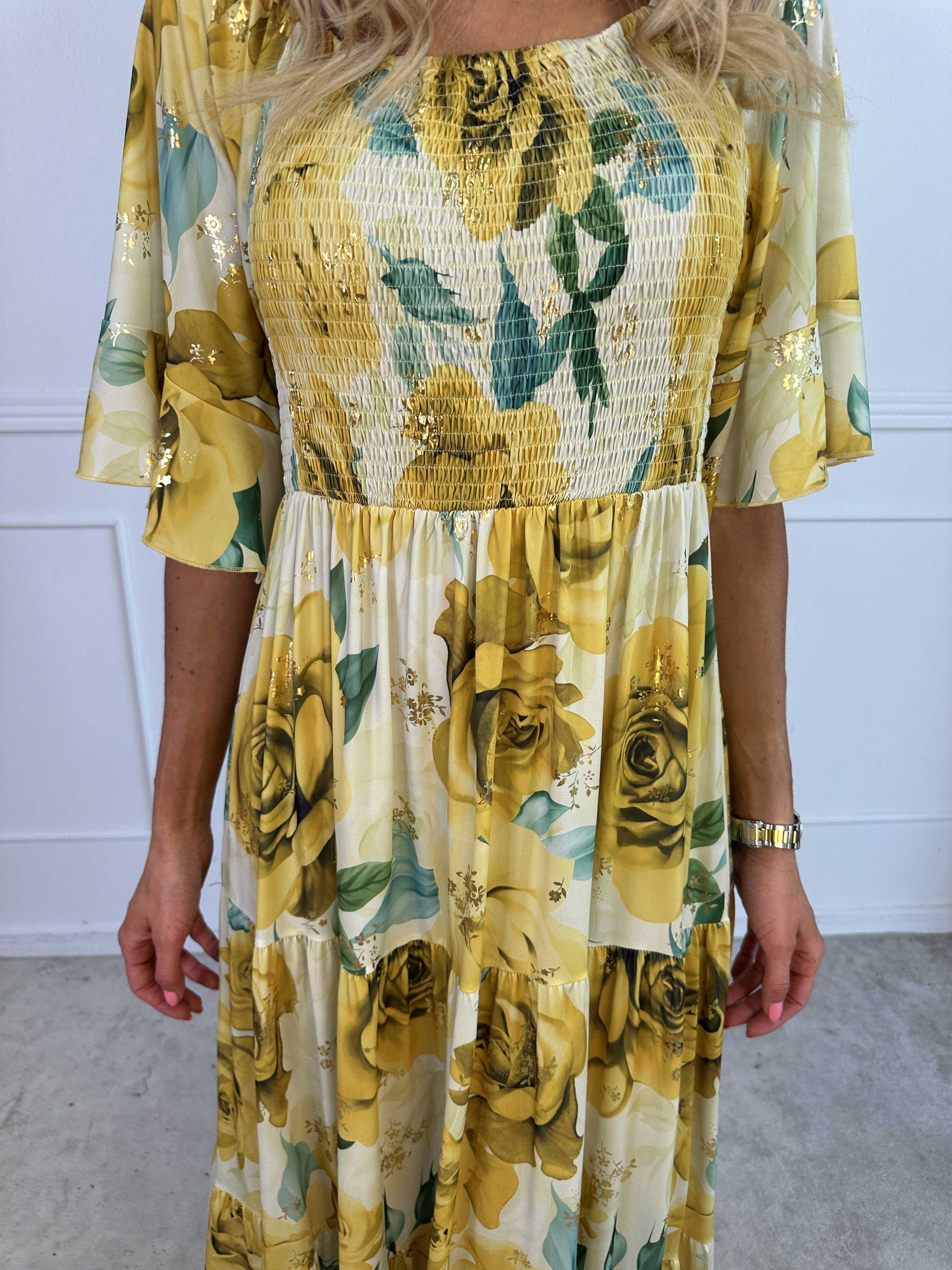 Elna Flower - Blomstret elastisk kjole med smock over brystet